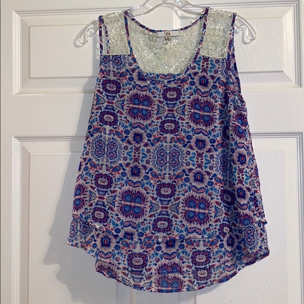 Q&A Fun Print Tank W/ Crochet Straps